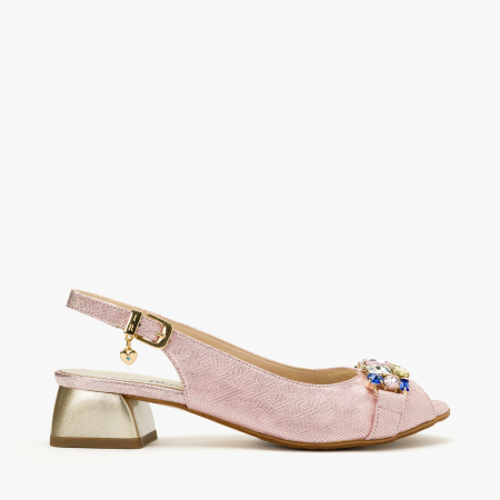 Sandale Dama Elegante, Piele Naturala, Roz Sidefat, Slingback Reglabil, Varf Decupat Peep-Toe, Cristale Multicolore, Renzoni 5850 [1]