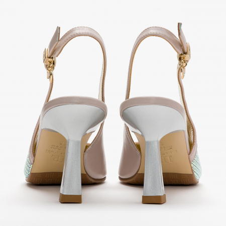 Pantofi Sanda Dama Crem cu Toc Subtire de 7cm, Piele Stantata Argintie, Cristale, Renzoni 6494 [4]