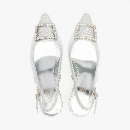 Pantofi Sanda Dama Elegante din Piele, Culoare Alb cu Argintiu, Catarama cu Cristale, Renzoni 4043 [2]