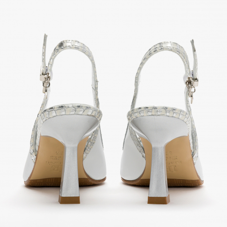 Pantofi Sanda Dama Elegante din Piele, Culoare Alb cu Argintiu, Catarama cu Cristale, Renzoni 4043 [4]