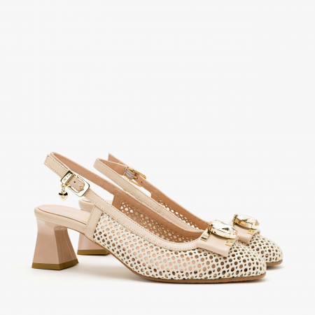 Incaltaminte Dama - Pantofi Sanda Dama Eleganti, Bej, Toc Gros 6 cm, Cristale, Renzoni 5374