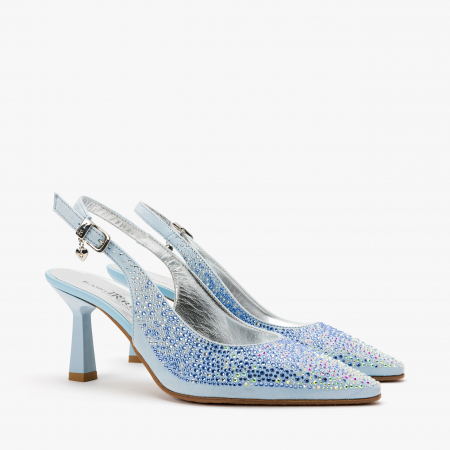 Branduri - Pantofi Sanda Dama Bleu, Piele Intoarsa Acoperita cu Cristale, Toc Subtire, 8 cm, Renzoni 4042