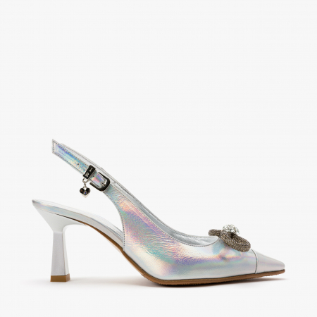 Pantofi Sanda Dama Argintii, Piele, Vopsea Sidefata, Funda cu Cristale, Toc Subtire de 7cm, Renzoni 4046 [1]