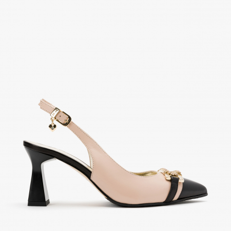 Pantofi Sanda Dama din Piele, Combinatie de Crem cu Negru, Toc 8 cm, Accesoriu cu Cristale, Renzoni 6428 [1]