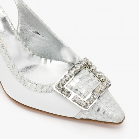 Pantofi Sanda Dama Elegante din Piele, Culoare Alb cu Argintiu, Catarama cu Cristale, Renzoni 4043 [3]