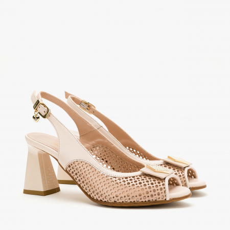 Sandale Dama Elegante - Sandale Dama Elegante din Piele, Culoare Crem, Accesorii pe Rist si Glezna, Sezon Primavara-Vara, Renzoni 4179