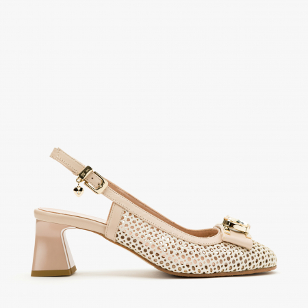 Pantofi Sanda Dama Eleganti, Bej, Toc Gros 6 cm, Cristale, Renzoni 5374 [1]
