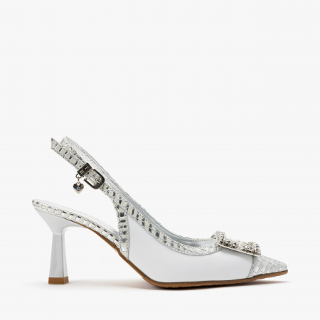 Pantofi Sanda Dama Elegante din Piele, Culoare Alb cu Argintiu, Catarama cu Cristale, Renzoni 4043 [1]