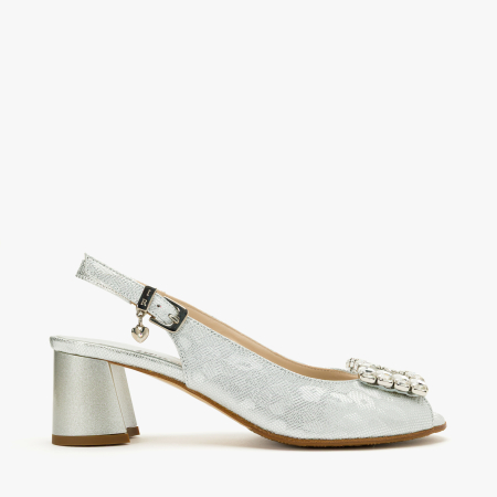 Sandale Dama Elegante, Piele Naturala, Argintiu Metalizat Sidefat, Slingback Reglabil, Varf Decupat Peep-Toe, Toc Gros 6 cm, Renzoni 5839 [1]
