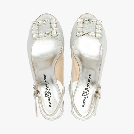 Sandale Dama Elegante, Piele Naturala, Argintiu Metalizat Sidefat, Slingback Reglabil, Varf Decupat Peep-Toe, Toc Gros 6 cm, Renzoni 5839 [2]