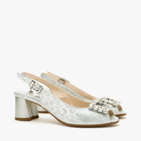 Incaltaminte Dama - Sandale Dama Elegante, Piele Naturala, Argintiu Metalizat Sidefat, Slingback Reglabil, Varf Decupat Peep-Toe, Toc Gros 6 cm, Renzoni 5839