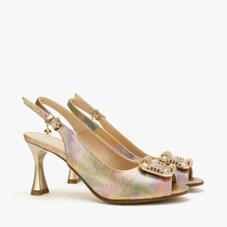 Incaltaminte Dama - Sandale Dama Elegante din Piele Naturala, Multicolor Sidefat, Slingback Reglabil, Varf Decupat, Toc Subtire 8 cm, Renzoni 4408