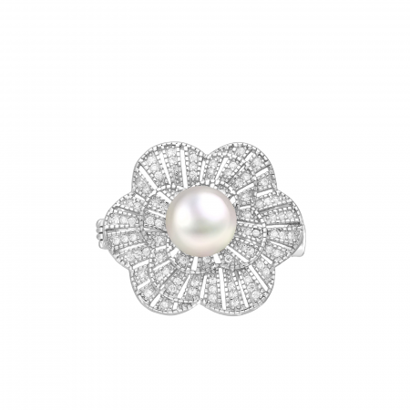 brosa argint model floare cu perla si pietricele zirconii