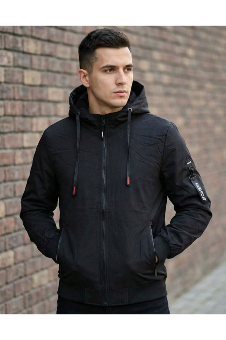 Geaca Barbati Casual Neagra Subtire - Gluga Material Detasabila  7340 [2]