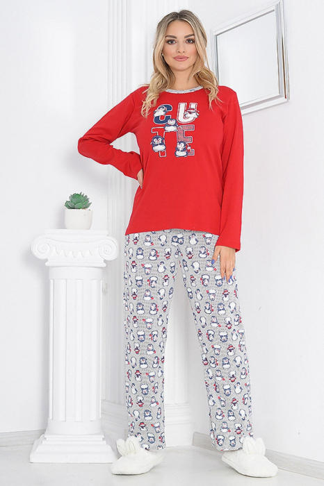 Pijama dama bumbac, confortabila cu imprimeu Pinguini, rosu/alb [1]