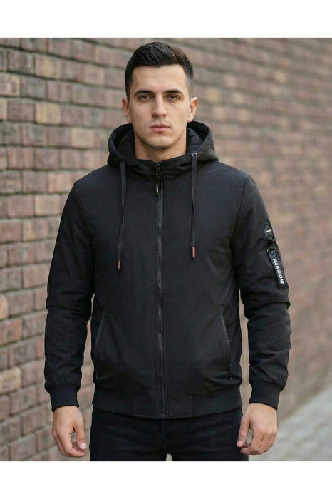 Geaca Barbati Casual Neagra Subtire - Gluga Material Detasabila  7340 [5]