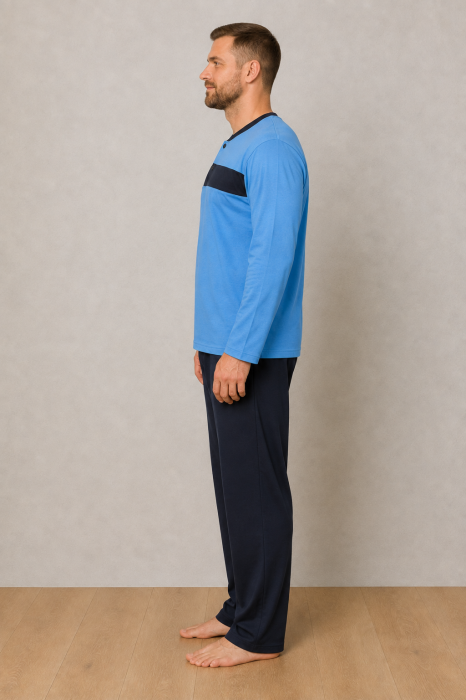 Pijama Barbati Marimi Mari din Bumbac, Bluza Albastra cu Maneca Lunga si Pantaloni Bleumarin [6]