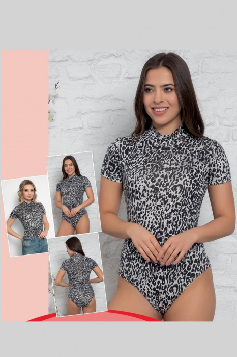 Body dama, maneca scurta, imprimeu animal print, gri [2]