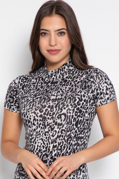 Body dama, maneca scurta, imprimeu animal print, gri [4]