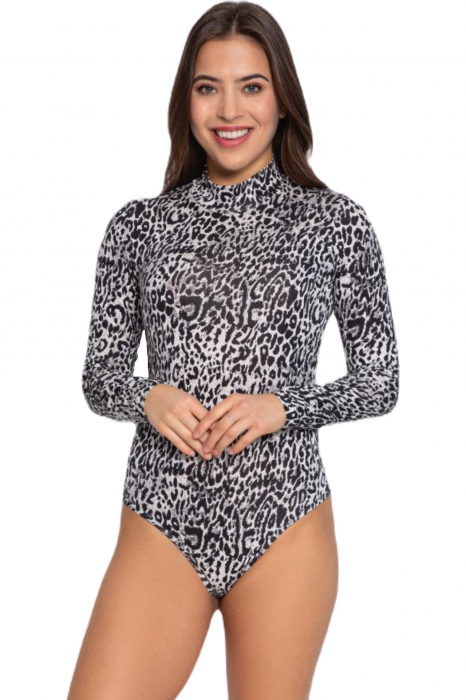 Body dama, maneca lunga, imprimeu animal print, gri [3]