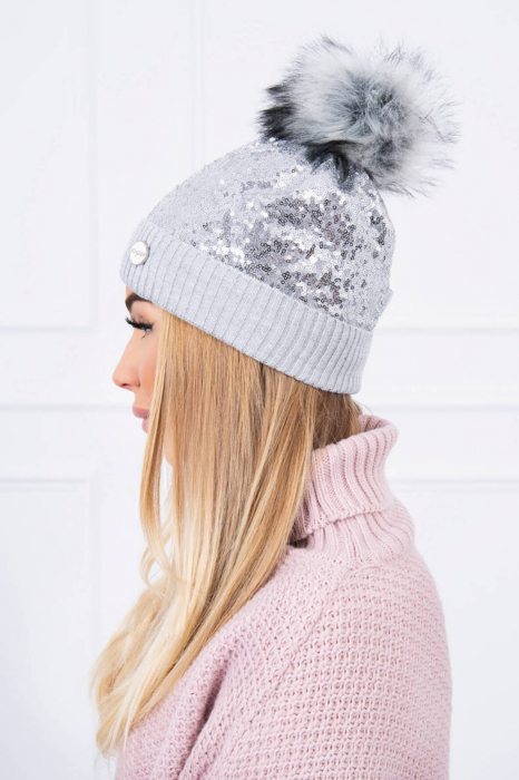 Caciula dama pentru iarna cu paiete apilcate si puf, gri, marime Universala [3]