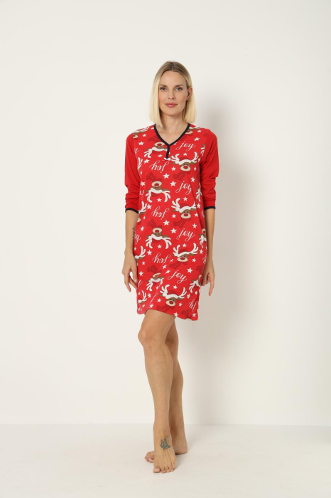 Camasa de noapte dama Craciun, imprimeu reni, rosu [7]