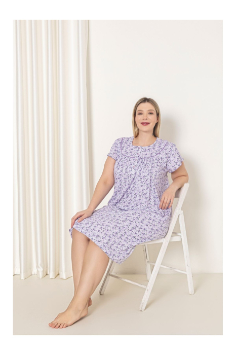 Camasa de noapte dama maneca scurta, croiala lejera, cu imprimeu floral lila si nasturi 7003 [2]