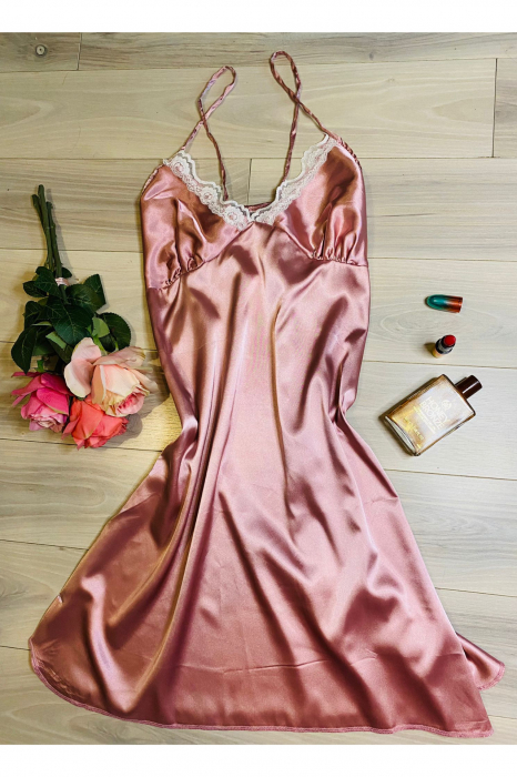 Camasa de noapte dama, tip furou, din satin, Roz - cadou Valentines Day [2]