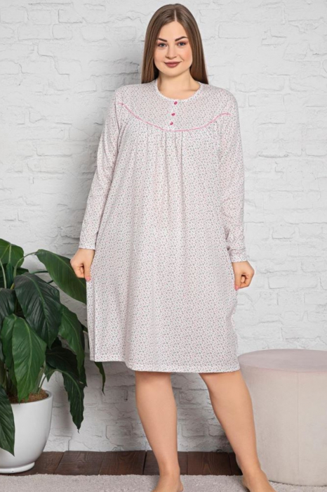 Pijama bumbac tip camasa de noapte dama, batal marime mare, alb [2]