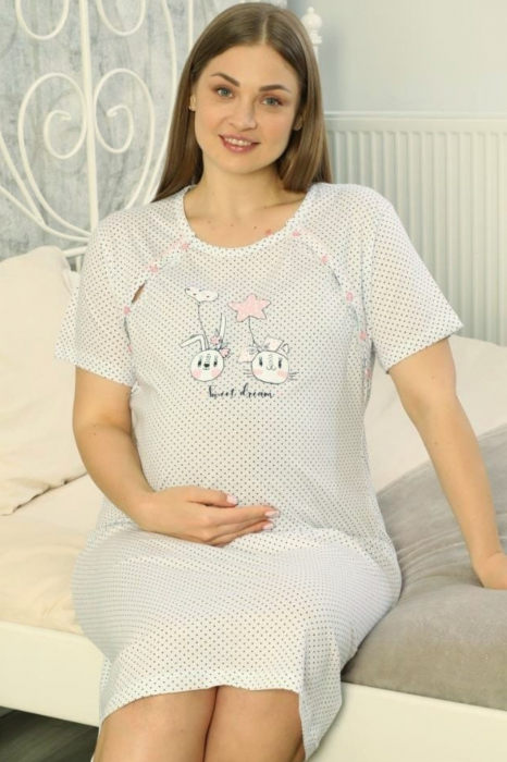 Camasa de noapte gravida, deschidere nasturi pentru alaptat, bumbac, sweet dreams, alb [3]