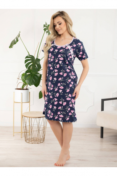 Camasa de noapte gravida, deschidere nasturi pentru alaptat, bumbac, pink Flowers, bleumarin [12]