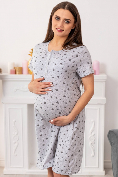Camasa de noapte gravida, deschidere nasturi pentru alaptat, bumbac, Stars, gri [3]
