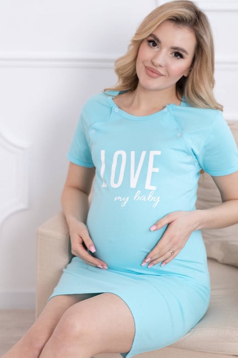 Camasa de noapte gravida, deschidere nasturi pentru alaptat, bumbac, Love my baby, albastru deschis [6]
