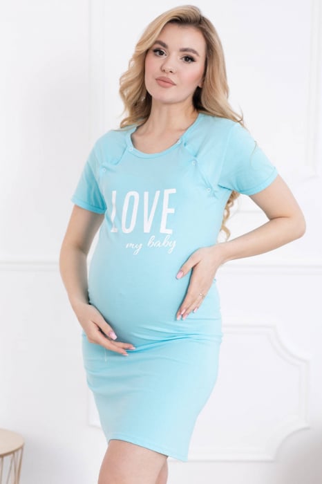 Camasa de noapte gravida, deschidere nasturi pentru alaptat, bumbac, Love my baby, albastru deschis [4]