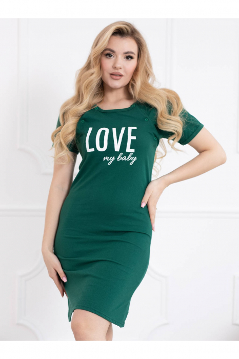 Camasa de noapte gravida, deschidere nasturi pentru alaptat, bumbac, Love my baby, verde [4]