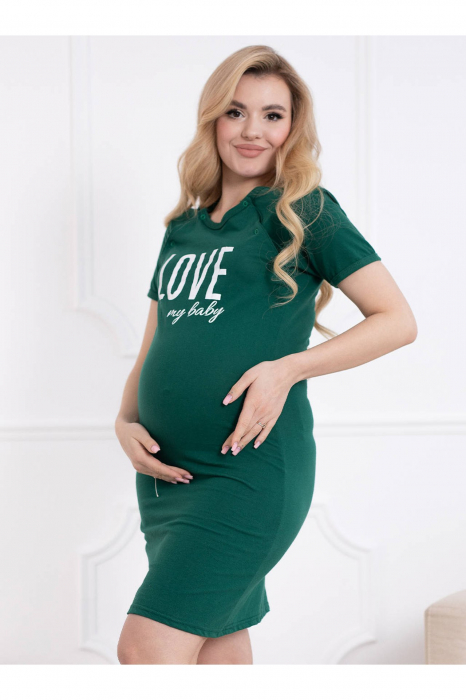 Camasa de noapte gravida, deschidere nasturi pentru alaptat, bumbac, Love my baby, verde [6]