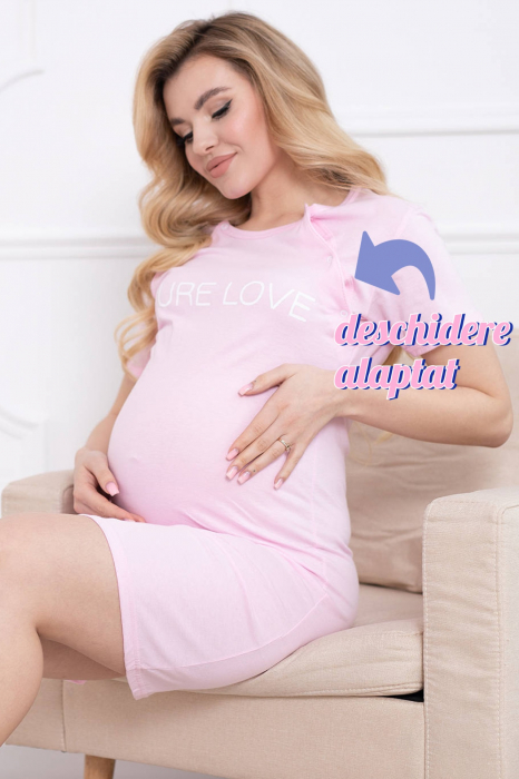 Camasa de noapte gravida, deschidere nasturi pentru alaptat, bumbac, Pure love, roz [2]