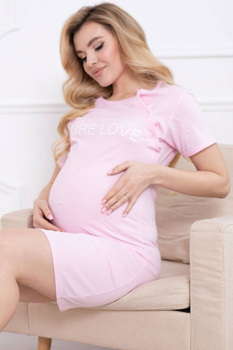 Camasa de noapte gravida, deschidere nasturi pentru alaptat, bumbac, Pure love, roz [7]