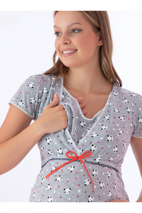 Camasa de noapte gravida, deschidere pentru alaptat, bumbac, imprimeu panda, gri [2]