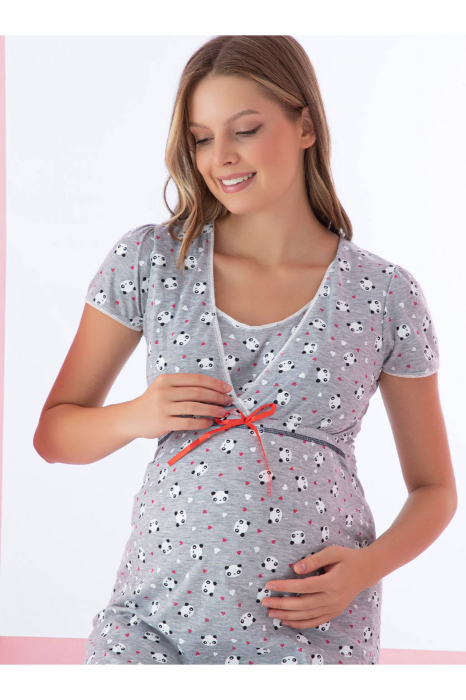 Camasa de noapte gravida, deschidere pentru alaptat, bumbac, imprimeu panda, gri [7]