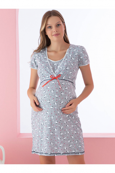 Camasa de noapte gravida, deschidere pentru alaptat, bumbac, imprimeu panda, gri [9]