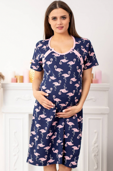 Camasa de noapte gravida, deschidere nasturi pentru alaptat, bumbac, Flamingo, albastru [4]
