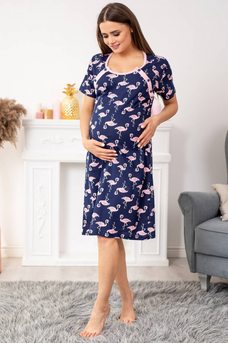 Camasa de noapte gravida, deschidere nasturi pentru alaptat, bumbac, Flamingo, albastru [5]