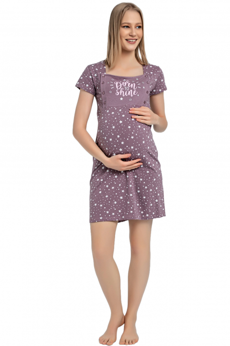 Camasa de noapte gravida, deschidere pentru alaptat, bumbac, born to shine, mov, embody.ro [3]