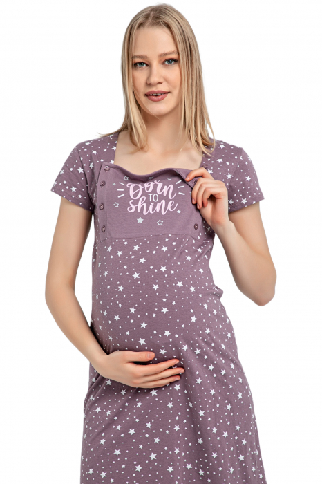 Camasa de noapte gravida, deschidere pentru alaptat, bumbac, born to shine, mov, embody.ro [2]