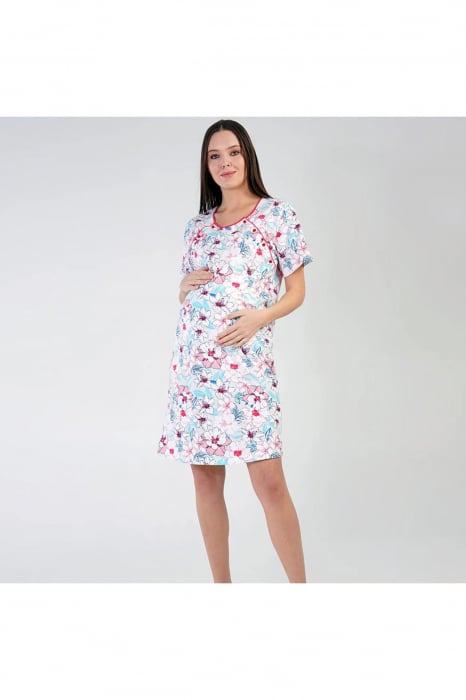 Camasa de noapte gravida, deschidere pentru alaptat, bumbac, imprimeu florar, alb, embody.ro [4]