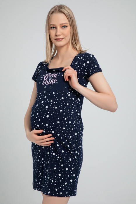 Camasa de noapte gravida, deschidere pentru alaptat, bumbac, born to shine, bleumarin, embody.ro [2]