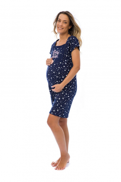 Camasa de noapte gravida, deschidere pentru alaptat, bumbac, born to shine, bleumarin, embody.ro [3]
