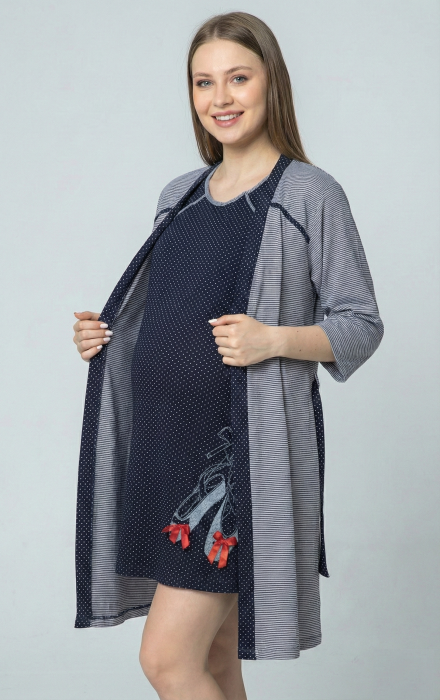 Set Pijama Gravide si Alaptare 2 Piese din Bumbac - Camasa de Noapte cu Buline si Halat in Dungi 606 [4]