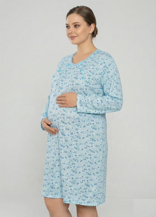 Camasa de Noapte pentru Gravide bumbac, deschidere pentru Alaptare bleu marimi mari 3277 [2]